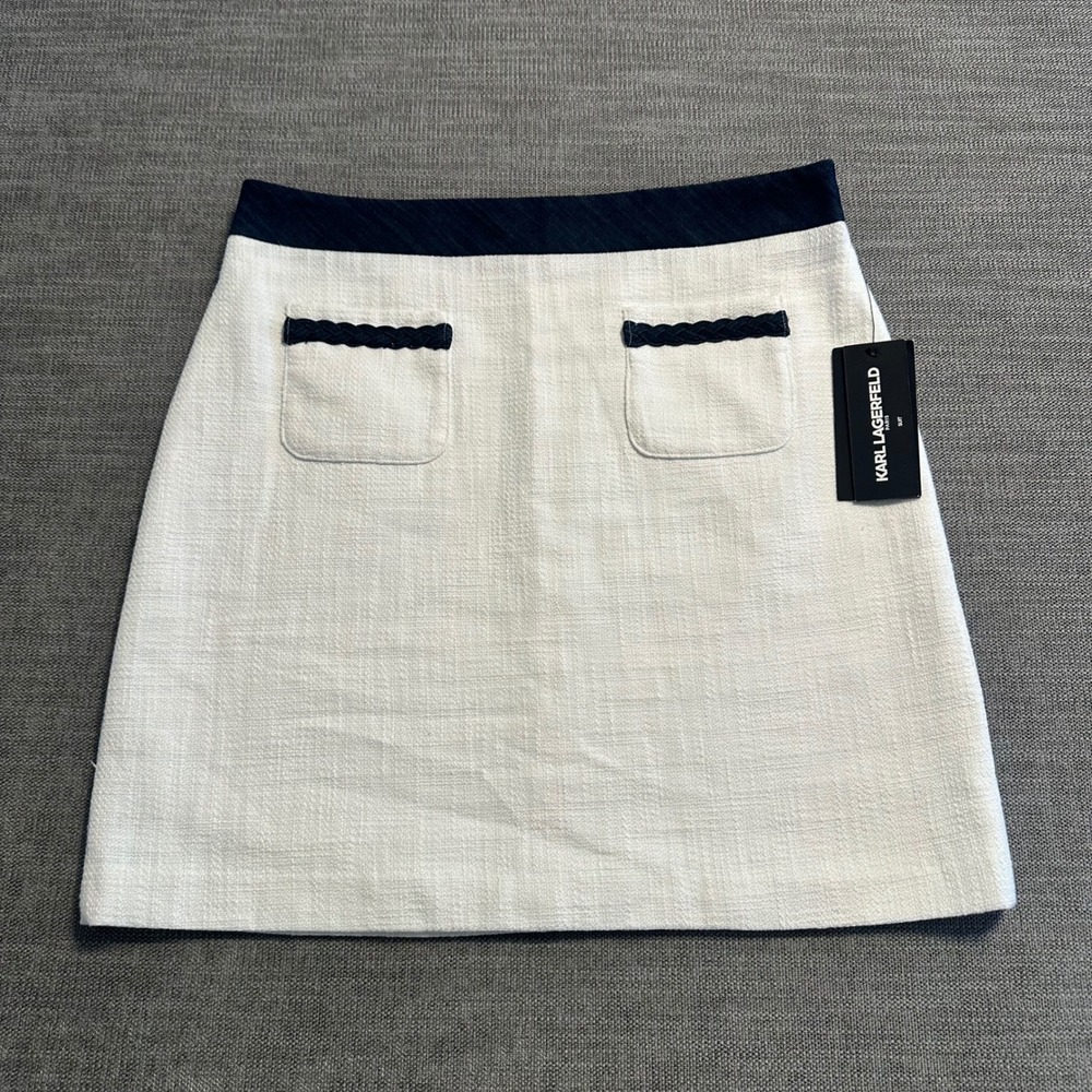 Karl Lagerfeld Paris Tweed Mini Skirt Womens 10 White Navy NEW A-Line Boucle